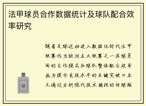 法甲球员合作数据统计及球队配合效率研究