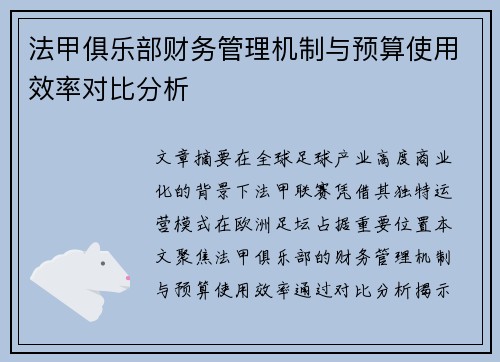 法甲俱乐部财务管理机制与预算使用效率对比分析